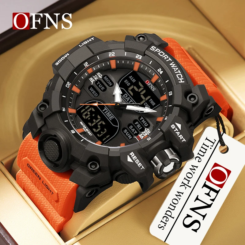 OFNS-Reloj de pulsera deportivo para hombre, cronómetro masculino, resistente al agua, con pantalla Dual, estilo militar, de lujo