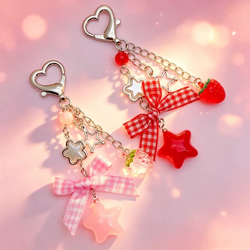 Strawberry Bow Beaded Phone Lanyard Fashion Sweet Keychain Pendant Camera Strap Backpack Hanging Decoration Gift for Women Girls