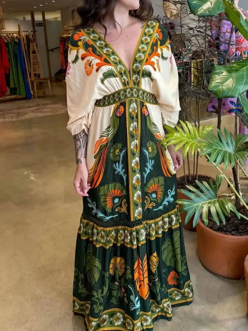 

Retro Ethnic Style Print Linen Maxi Dress Women Fashion V-neck Drawstring Batwing Sleeve Backless A-line Casual Summer Long Robe