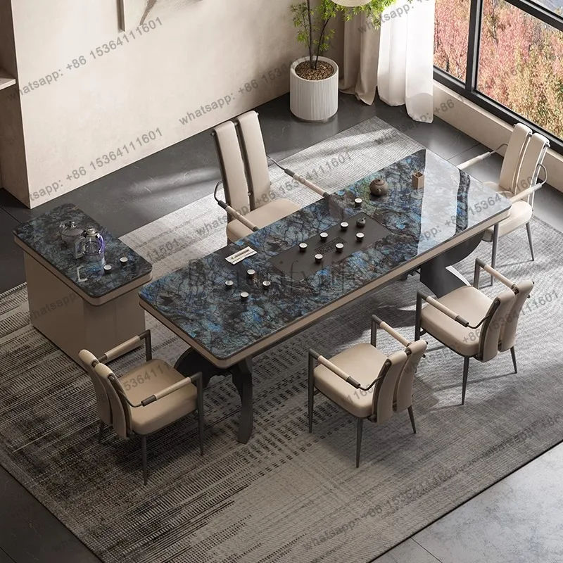 Light luxury natural marble tea table, high-end atmospheric sapphire new Chinese high-end tea table