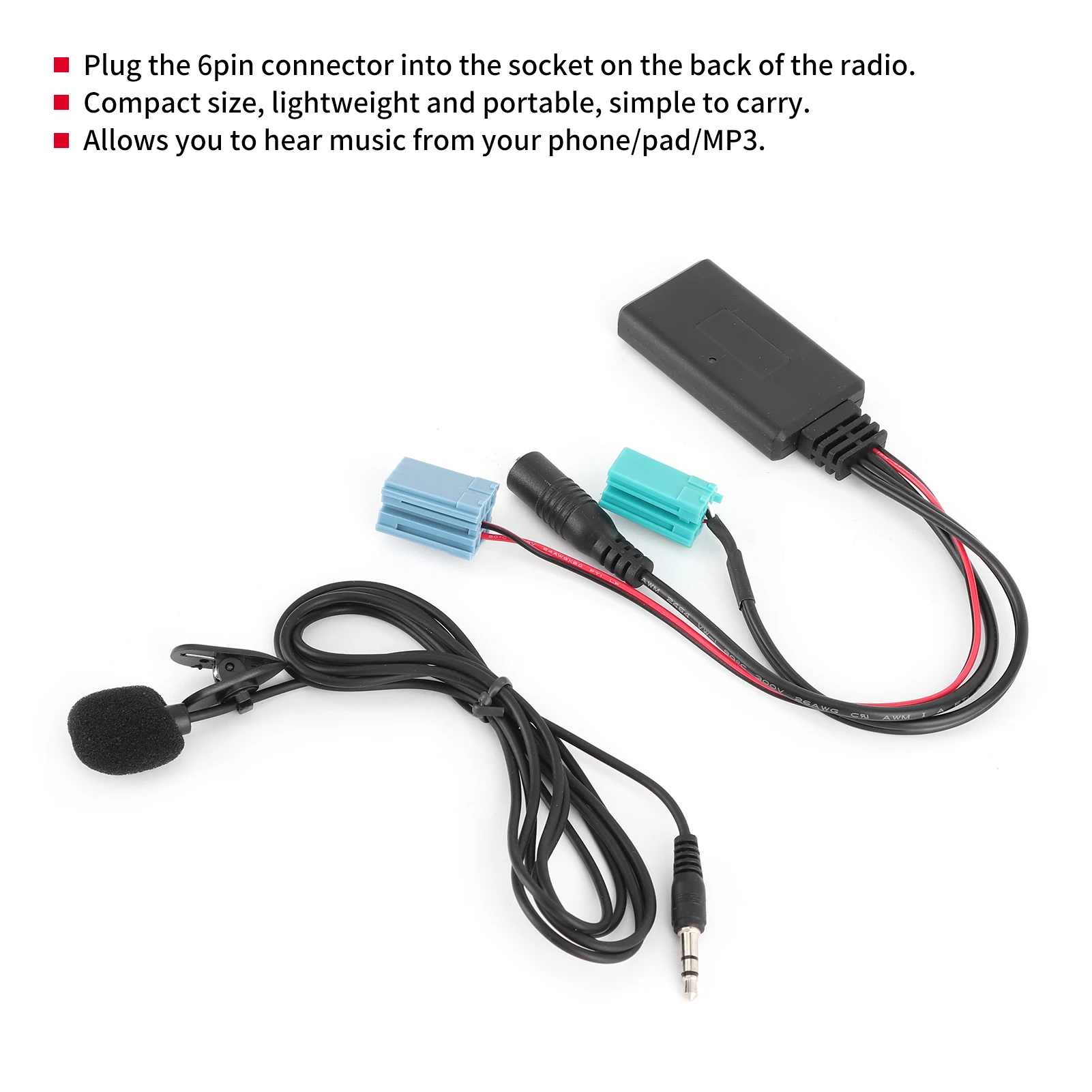 Cabo de áudio Bluetooth de 6 pinos Adaptador AUX-IN estéreo para carro com microfone adequado para cabo de áudio Bluetooth Clio/Espace/Megane