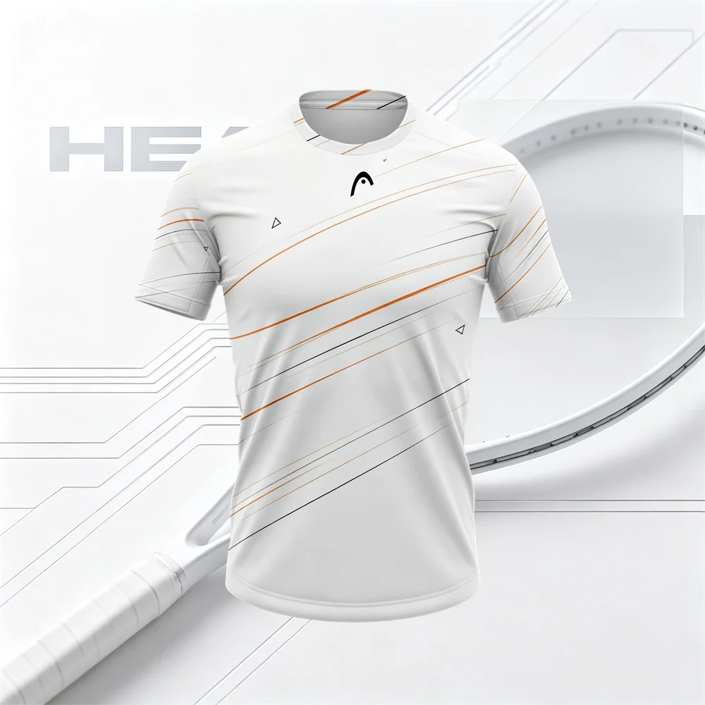 HEAD Sports T-Shirt White Orange Black Diagonal Stripe Print Short Sleeve Tennis Training Shirt