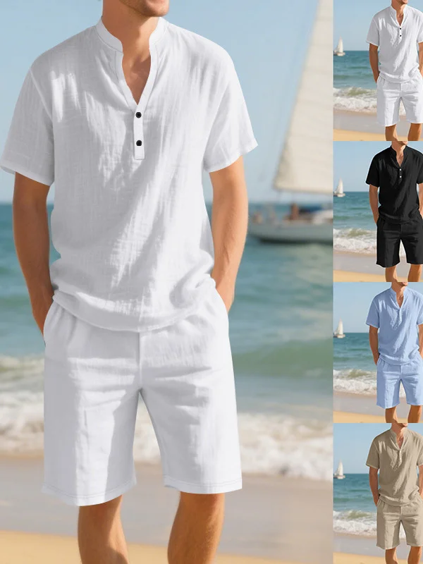 

Casual Color Two-Piece Set for Men Pure Color Leisure Suit Youth ort Sve T-irt And Five-Quarter Pants