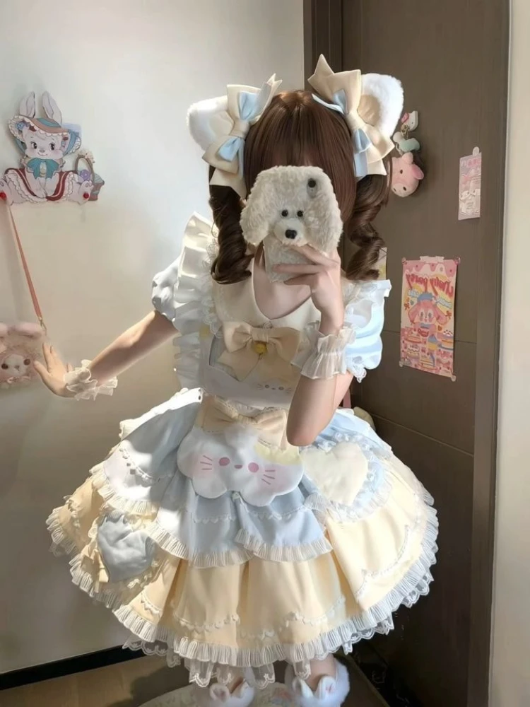 2025 ฤดูร้อนน่ารักLolitaลูกไม้แมวชุดผู้หญิงBow Suspenderผ้ากันเปื้อนPatchworkชุดเจ้าหญิงหวานญี่ปุ่นใหม่ 2 ชิ้นชุด