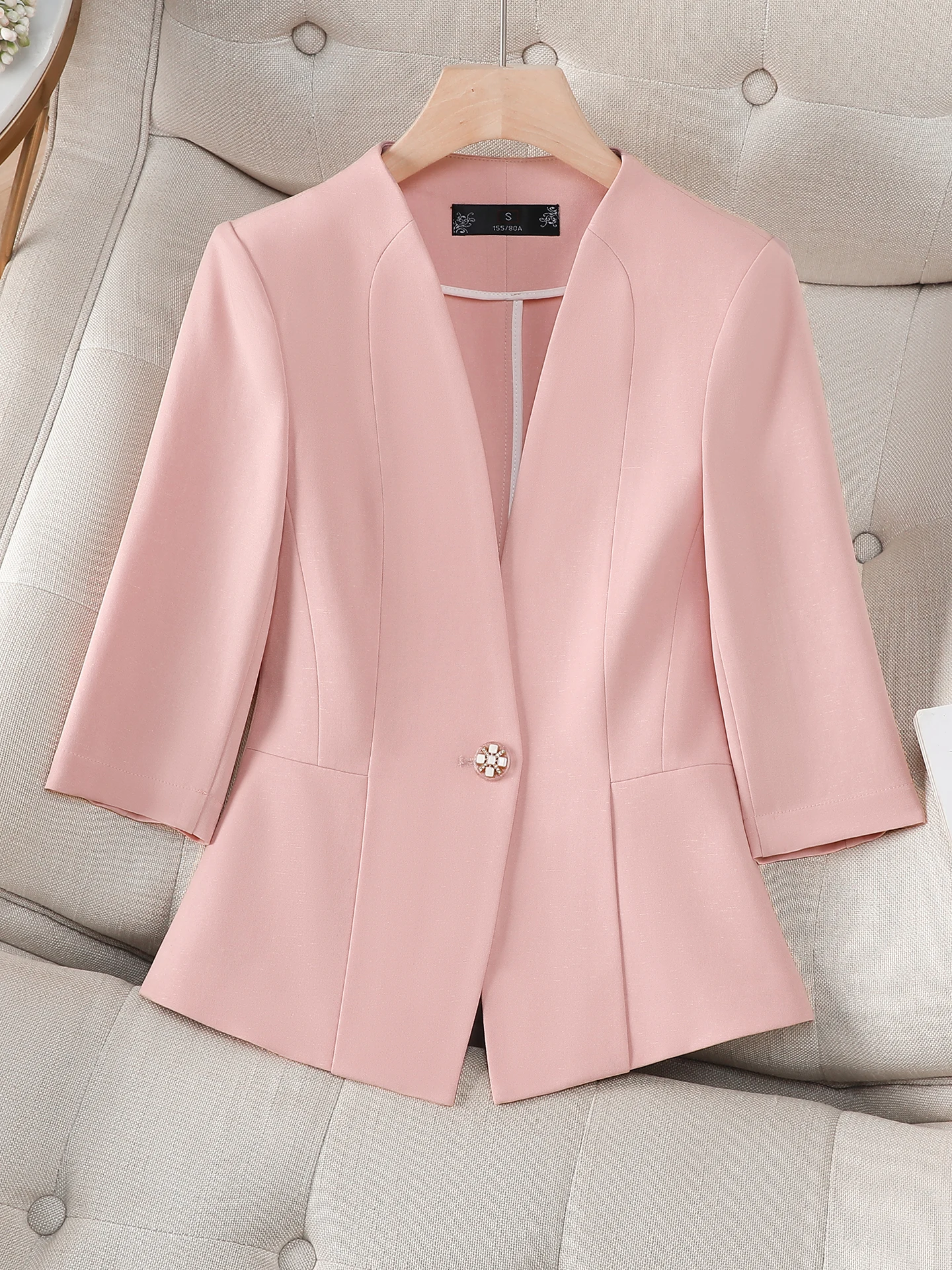 

Pink Suit Jacket Women's Thin Spring Commute Casual Half Sleeve Commuter Polyester Fiber Standard Version Ladies' Suit