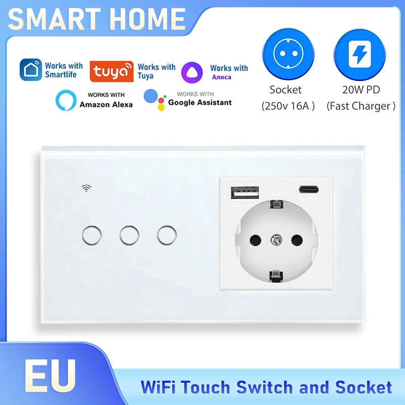 

Tuya WiFi Smart Touch Switch and Socket Combo with EU Socket | Alexa Voice Control | 146-Type Multi Gang Multi Control Wireless