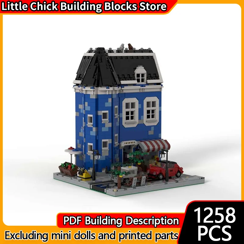 

Модель City Street View MOC, строительные кирпичи, синий двухэтажный магазин, модульная технология, детские праздничные подарки, сборка игрушек, костюм