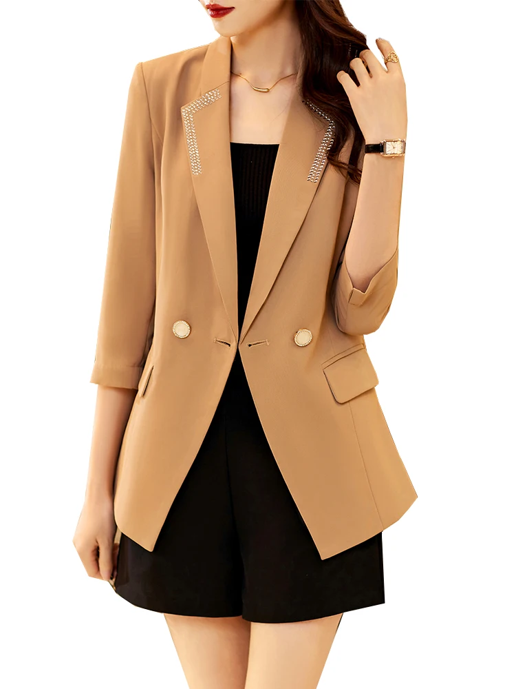 

Monochrome Half Sleeve Blazer for Women, Formal Jacket for Ladies Fashionable Work Wear for Spring and Summer Khaki Black Orange