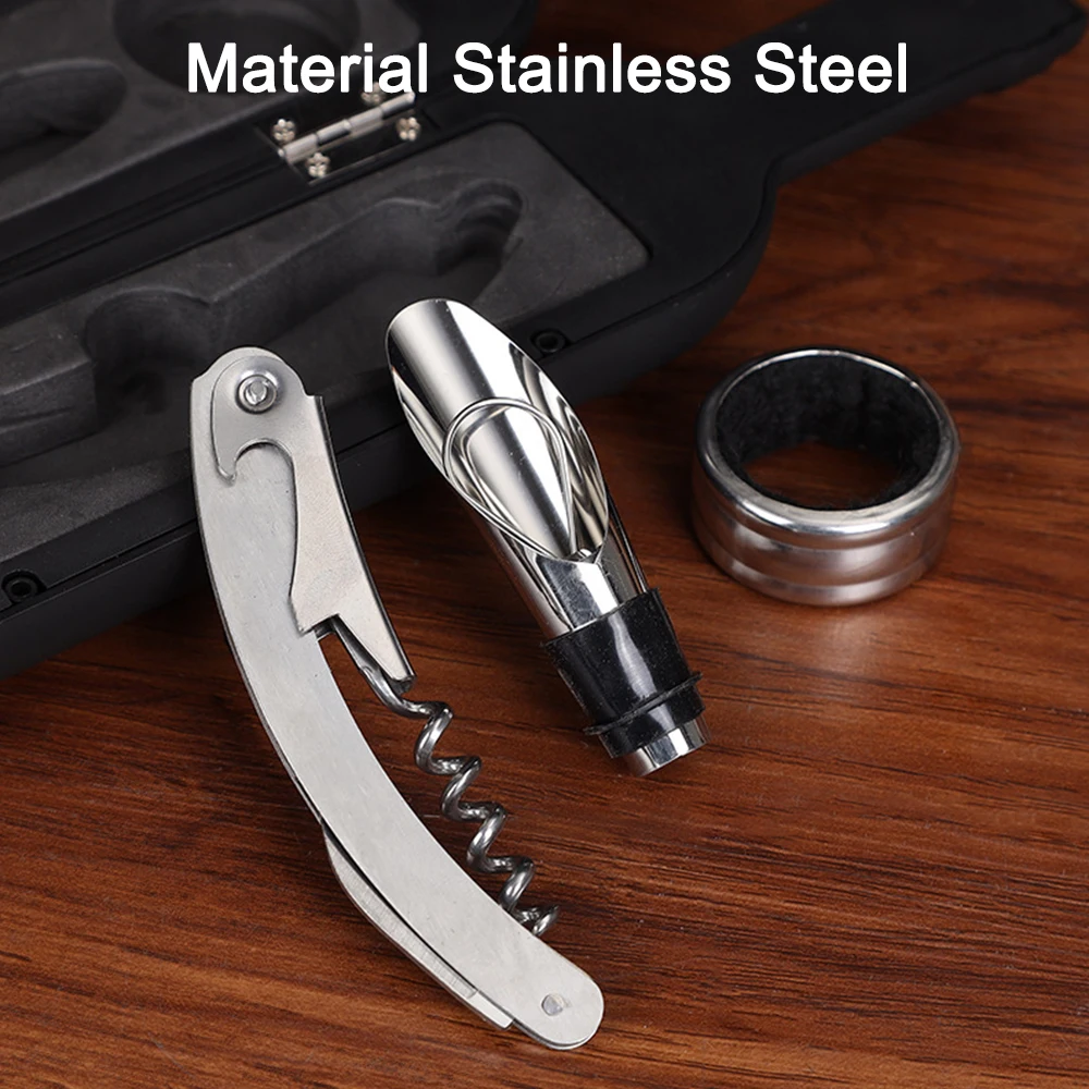 5 Pieces With Drip Ring, Foil Cutter, Wine Pourer and Stopper Stainless Steel Wine Opener Accessories Set Bottle-Shaped Case
