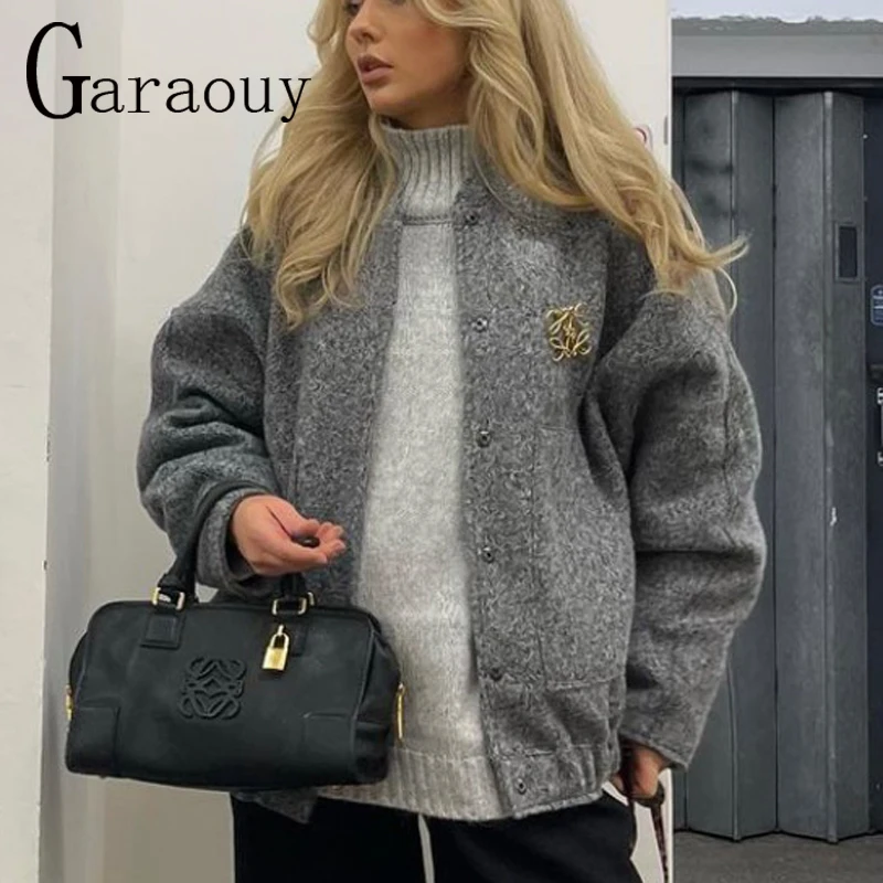 Garaouy 2023 Spring Vintage Women\'s Bombers Grey Outwear With Button Solid Long Sleeve Top Coat Casual Loose Warm Jackets Female