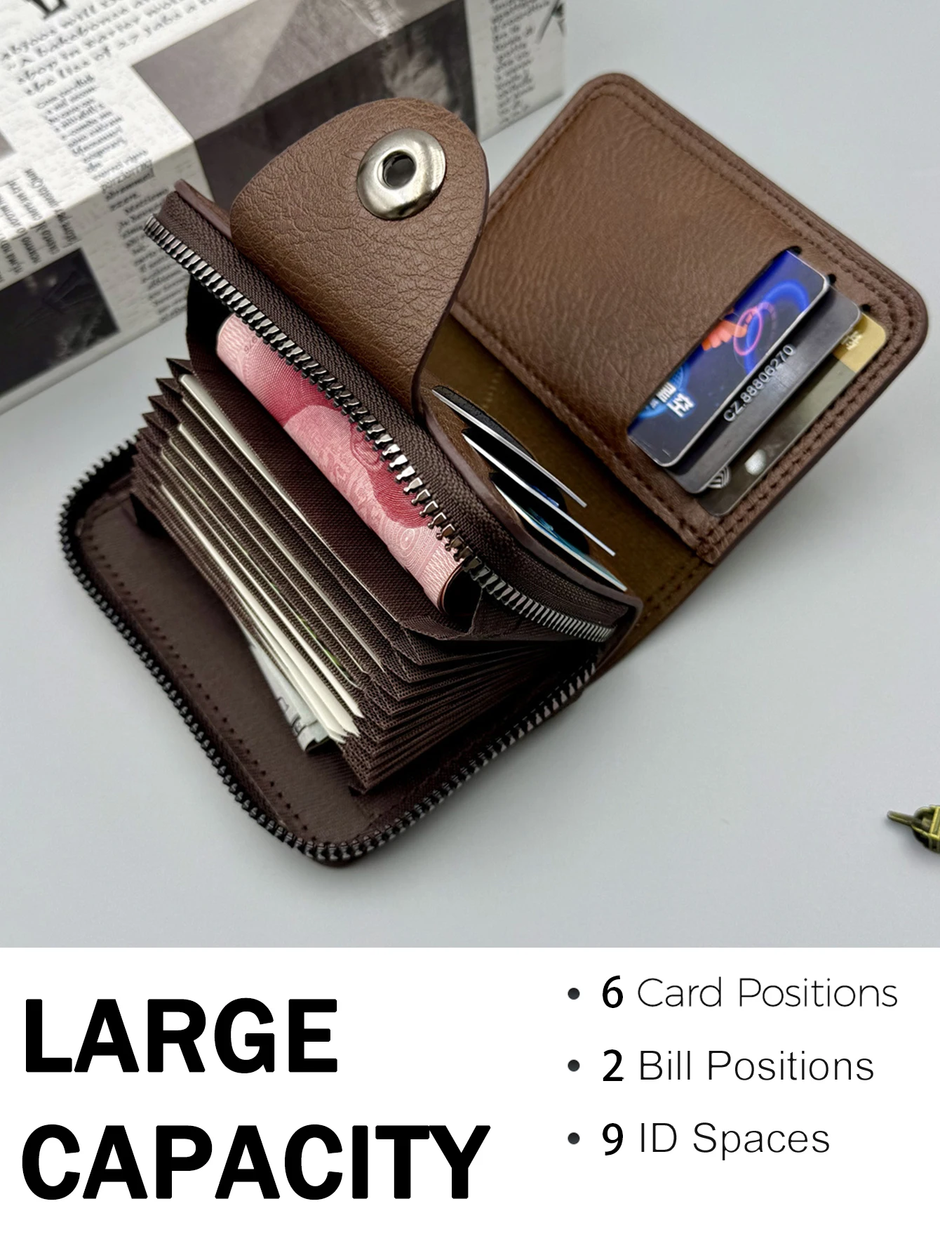 Men RFID Blocking PU Leather Short Wallet Multi‑Card Slots Zipper Snap Button Large Capacity Purse Gift for Men Father Boyfriend