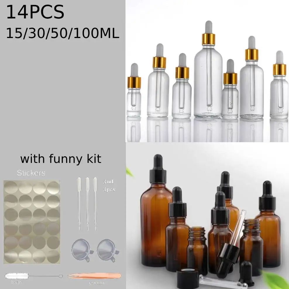 14PCS 15/30/50/100ml Glass Eye Dropper Bottles with Funnels Labels Amber Tincture Leakproof Essential Oils Pipette Aromatherapy