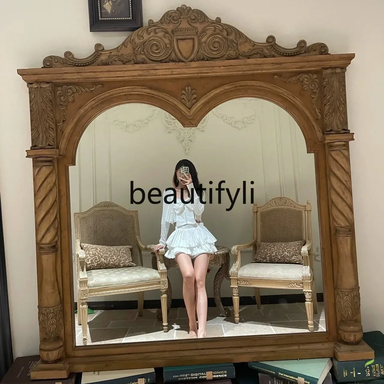 French retro carved fireplace decorative mirror American living room entrance hanging mirror European wall hanging mirror2936
