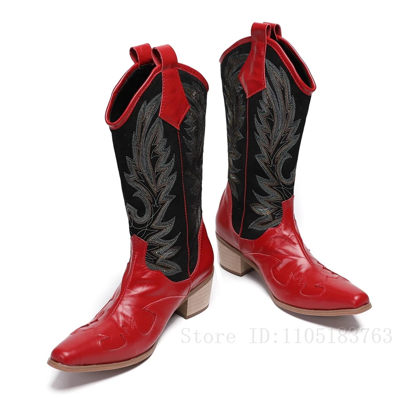 Brand Design Embroidered Men Boots Luxury Genuine Leather Square Toe High Heels Cowboy Mid Calf Boots