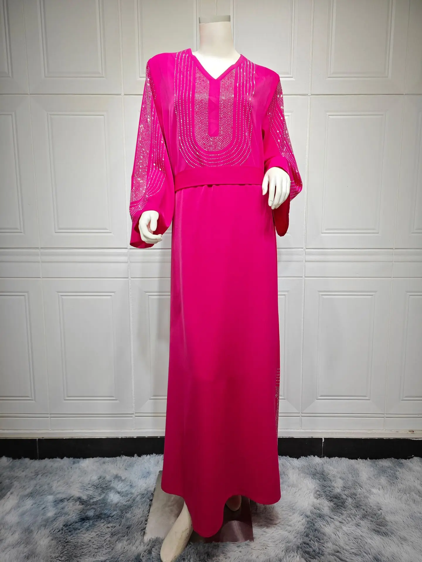 Robe de soirée musulmane pour femmes, Jalabiya Abaya, diamant, col en V, robes marocaines, Ramadan, Abayas à lacets, Kaftan, Islam, Dubaï, arabe, 2024