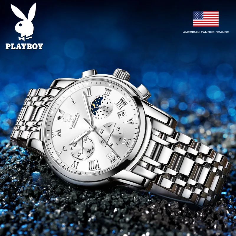 PLAYBOY High Quality Original Waterproof Stainless Steel Watch Men Chronograph Fashion Quartz Men Watch Casual Men\'s Wrist Watch