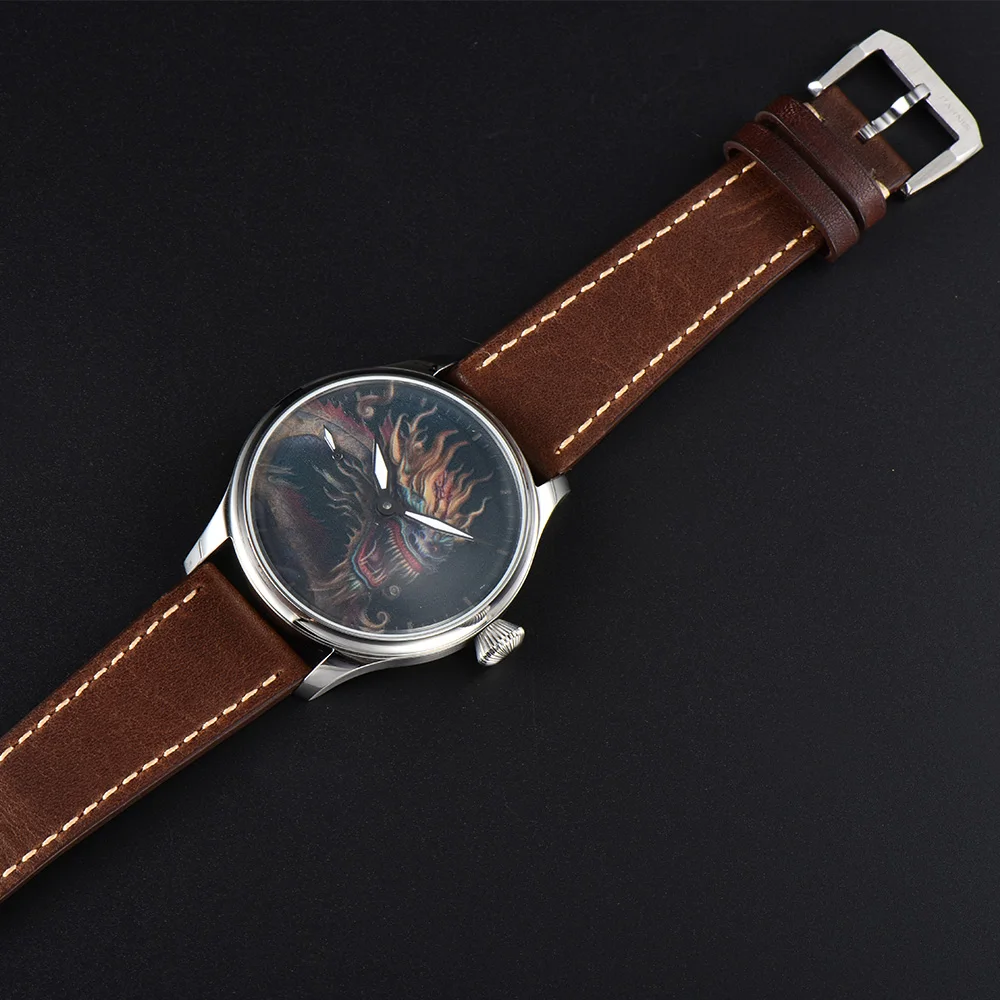 Parnis 44mm Hand Winding Mens Classic Dragon Drawing Dial Wrist Watch