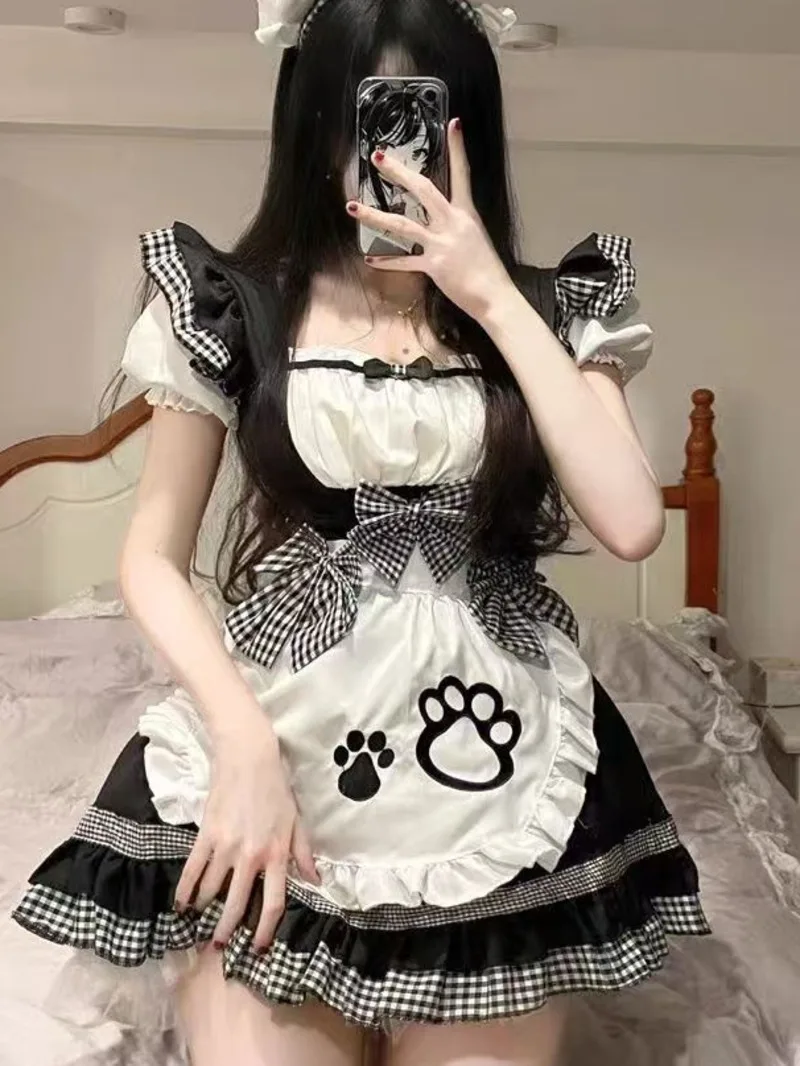 Maid Cute Girl Lolita Dress Lolita Cosplay Cat Ear Maid Pure Desire Bowknot Short Sleeves Apron Dress Bear Paw Print Sweet LPAO