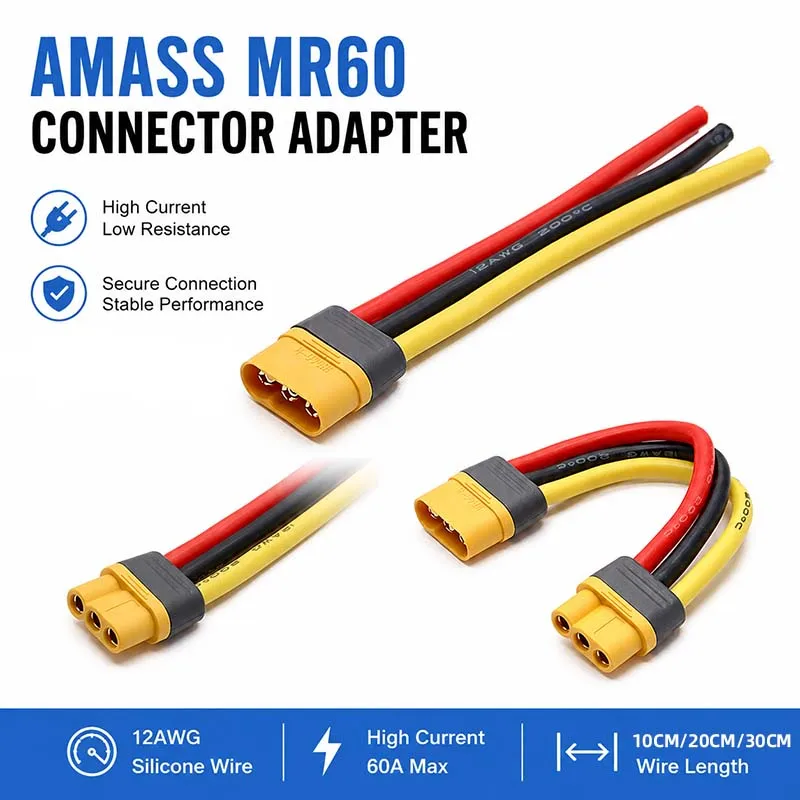 MR60-F M 3 Pin Motor ESC Connector Male Female Plug RC Model Drone Power Battery Charging Adapter Connector 12AWG 10CM 20CM 30CM