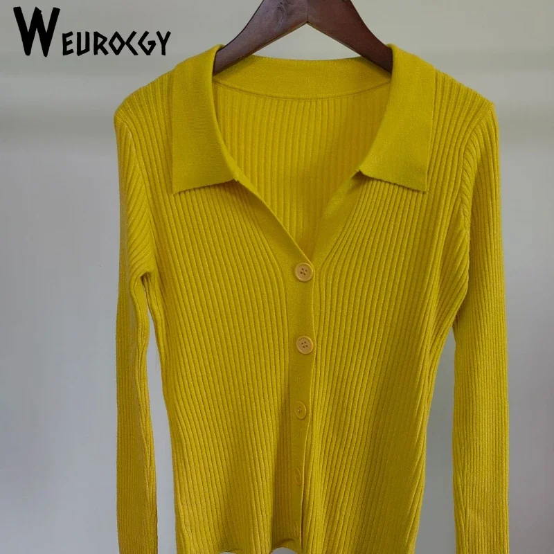 2024 Autumn Winter New Lapel Slim Fit Slim Top Ladies Cutout Buttons Sexy V Neck Long Sleeve Polo Neck Knit Cardigan Sweater