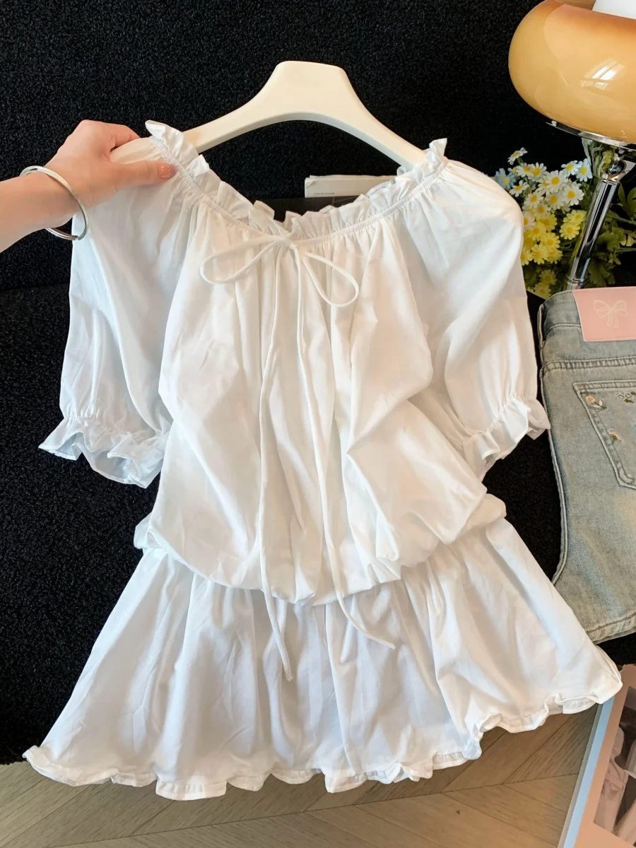 

Korean Style Shoulder Bubbles Sleeve Shirt Women's White Summer New Arrival Anti-Aging Commute Top Wooden Design Polyest...