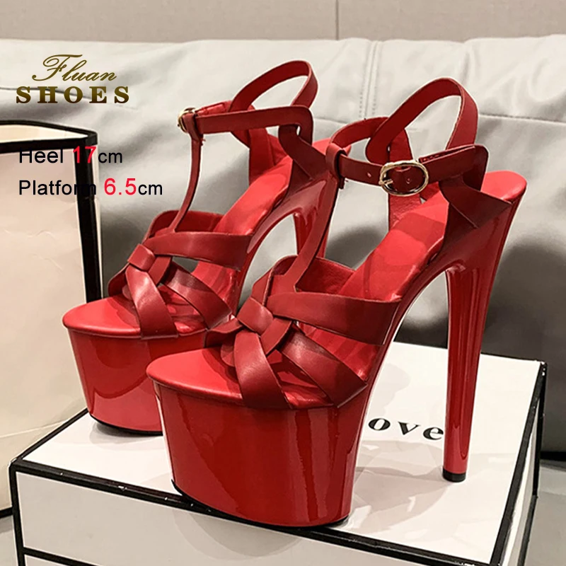 

2026 New Summer Sexy Red Women's Sandals Thin Heels 17cm Platform Round Toe T-shaped Ankle Buckle Strap Ladies Pumps Party Shoes