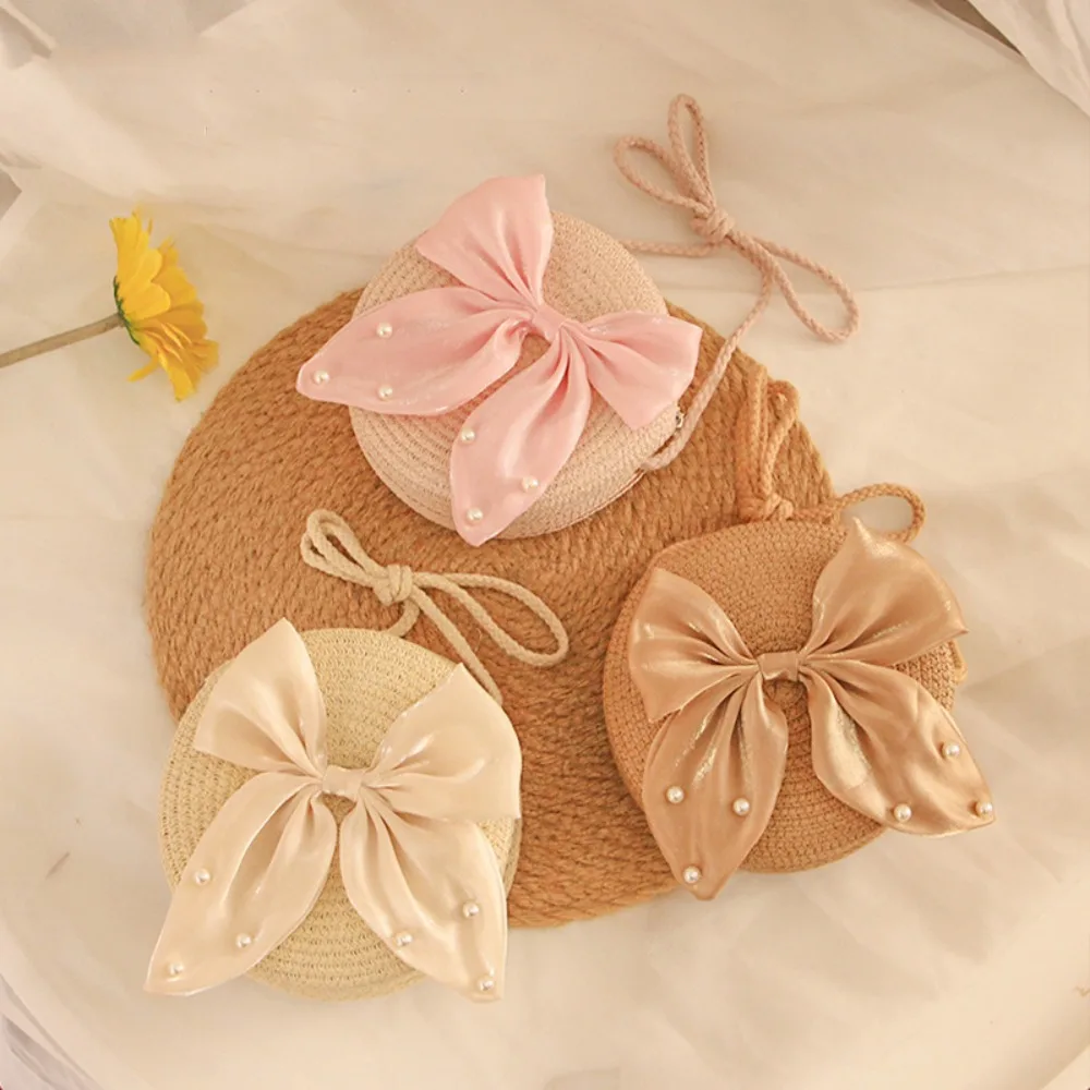 3 Colors Toddler Girl Straw Crossbody Bag Cute Pearl Bowknot Round Shoulder Bag Mini Coin Purse for Kids