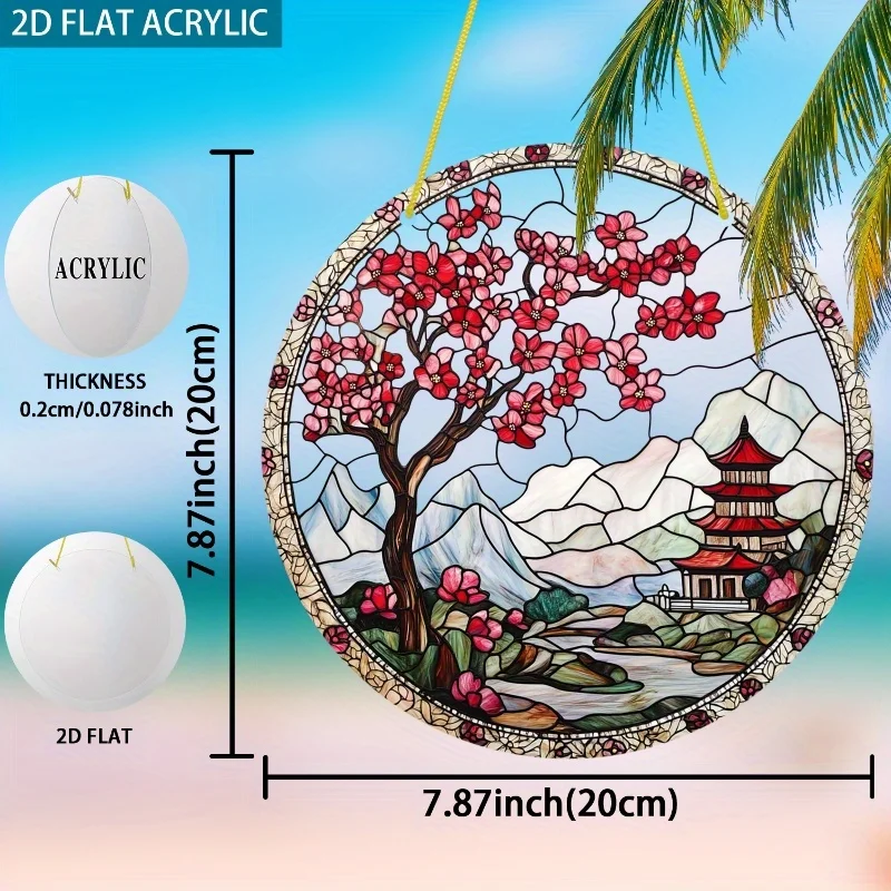 Acrylic Painting Cherry Blossom & Pagoda Stained Glass Window Hanging Suncatcher, 2D Flat Asian Landscape with Sakura Tree Acryl