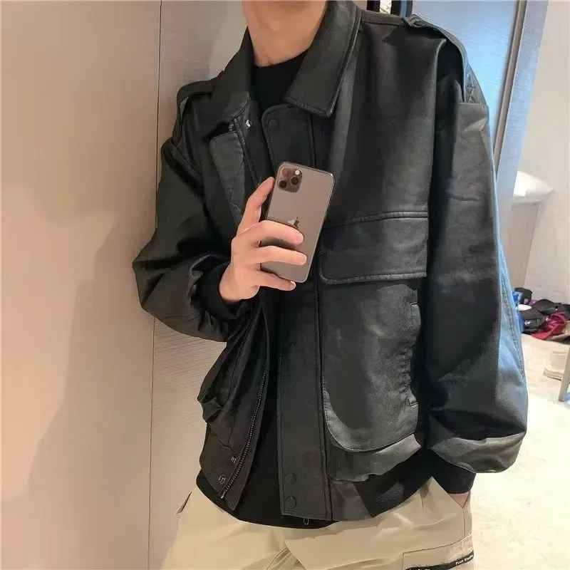 Chaqueta de cuero PU para hombre, chaqueta de vuelo de motocicleta de estilo corto, ajuste suelto, moda masculina