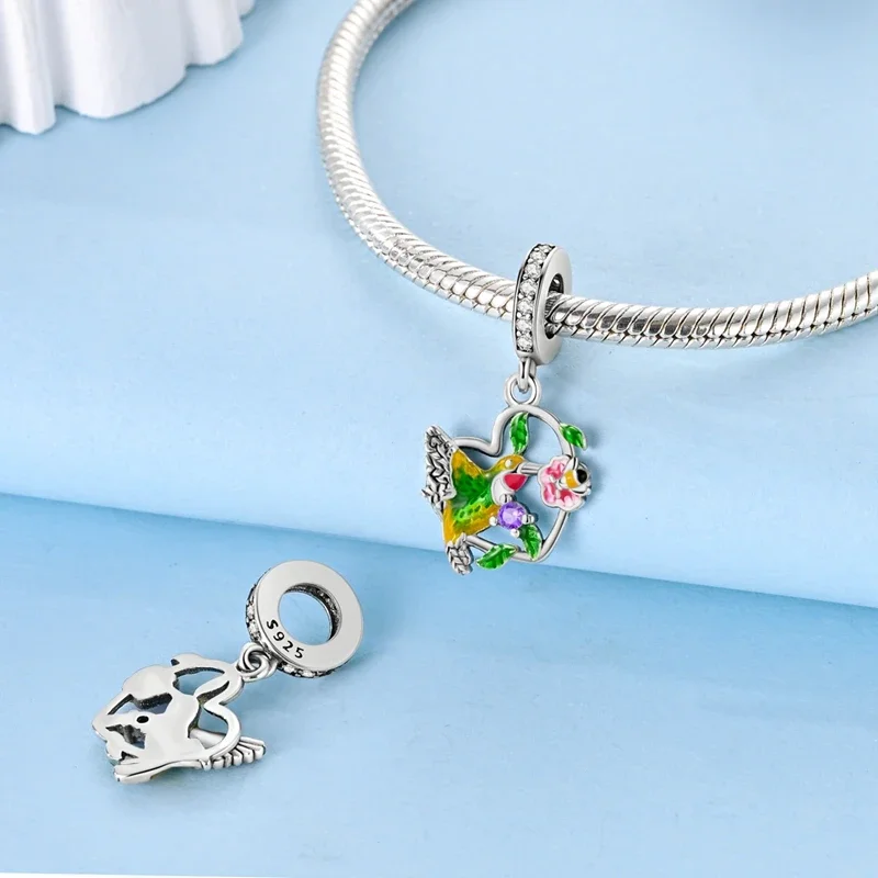 

Charms Sterling Silver 925 Hummingbird Flowers Heart Beads Fit Plata 925 Original Bracelets Women Jewellery Making Fine Gifts