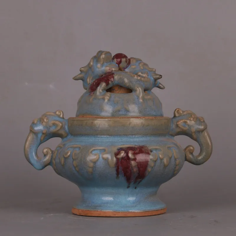 Vintage Style Chinese Jun Ware Splashed Glaze Carved Dragon Incense Burner Tripod Handmade Ceramic Home Decor