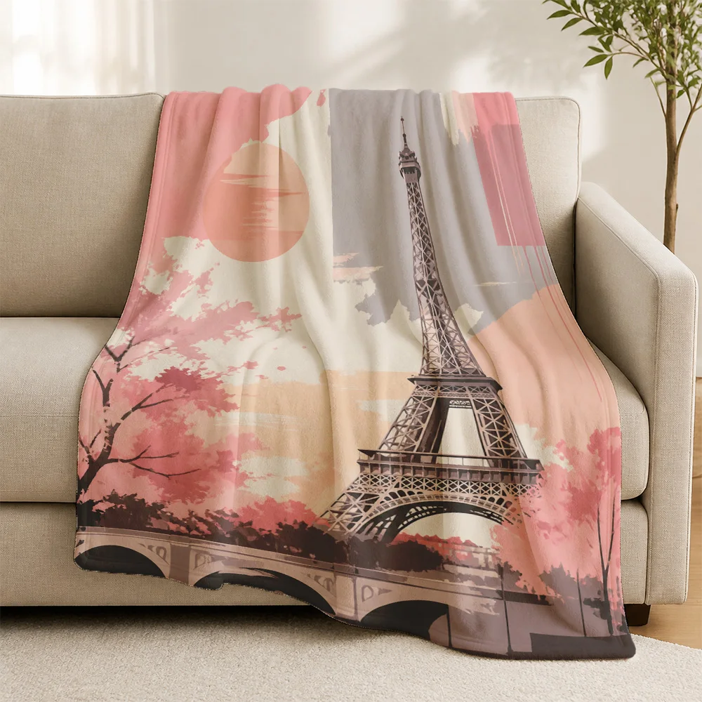 Romantic Paris Eiffel Tower Throw Blanket for Sofa Cozy Home Decor Floral Blossoms Knit Couch Throw Gift for Living Room Art