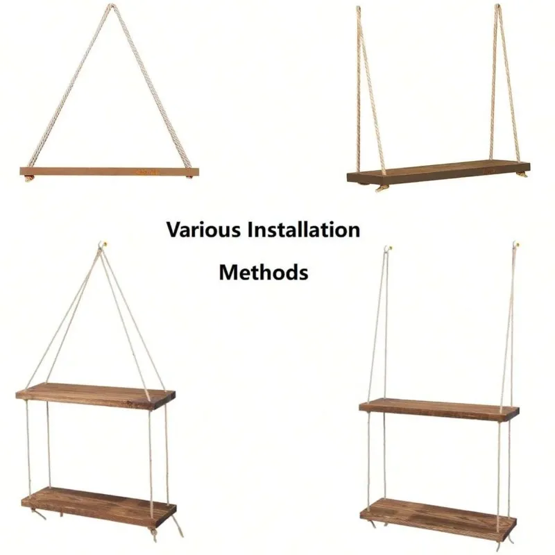 Wooden Swing Hanging Hemp Rope Wall Shelve Mounted Floating Home Room Plant Flower Pot Tray Storage Rack Garden Decoration