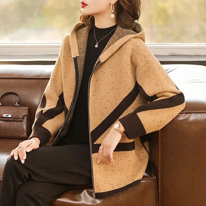 Women's New Style of Scattered Zipper Hooded Fashionable Age-reducing Knitted Top Double-sided Wool Jacket
