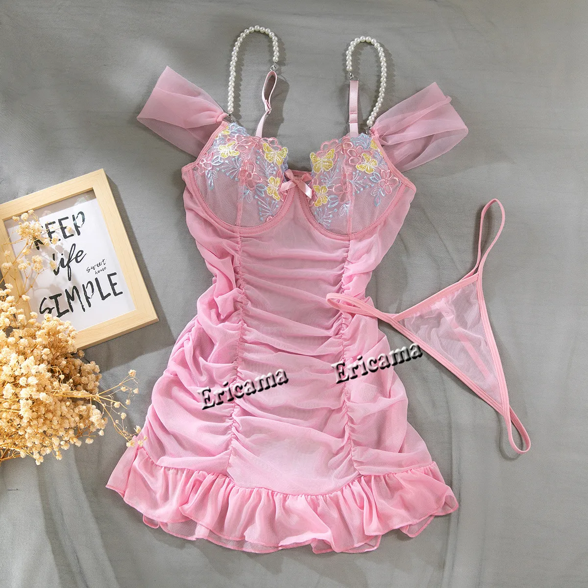 Dámské spodní prádlo Sexy spodní prádlo Set Skládaný zavinovací hip noční košilka Pyžamo Tenké skládané květinové spodní prádlo Sexy podprsenka Set Push Up - náhled 5