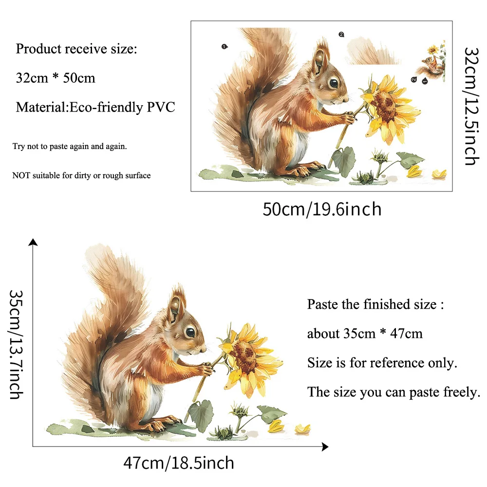 Painted Squirrel Sunflower Wall Sticker For Kids Room Cartoon Animals Decor Mural Bedroom Home Decoration Self-adhesive Decals