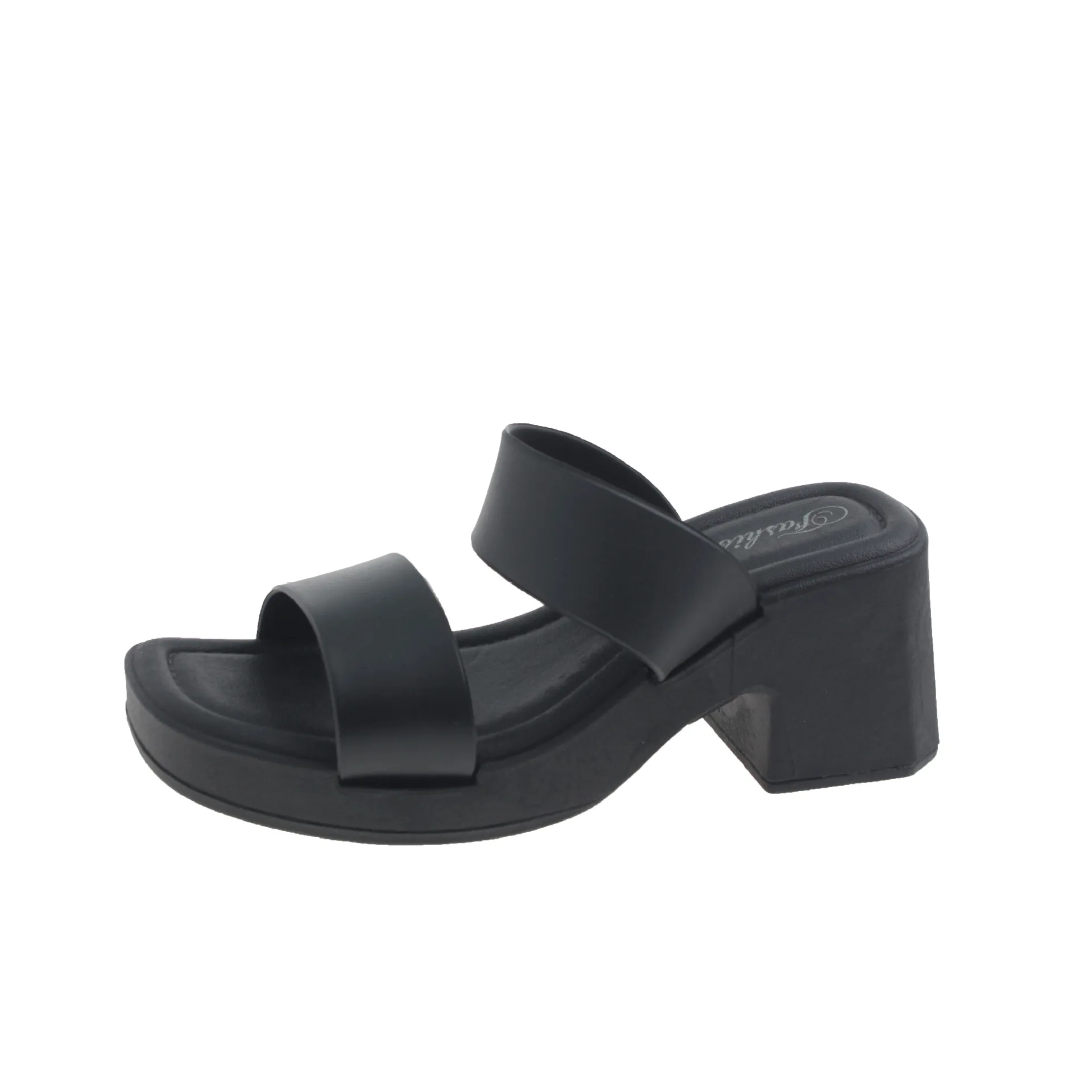 

Fashion Concise Women Slippers Summer Sandals Solid Color pu Leather Open Toe Thick High Heel Modern Slippers Black