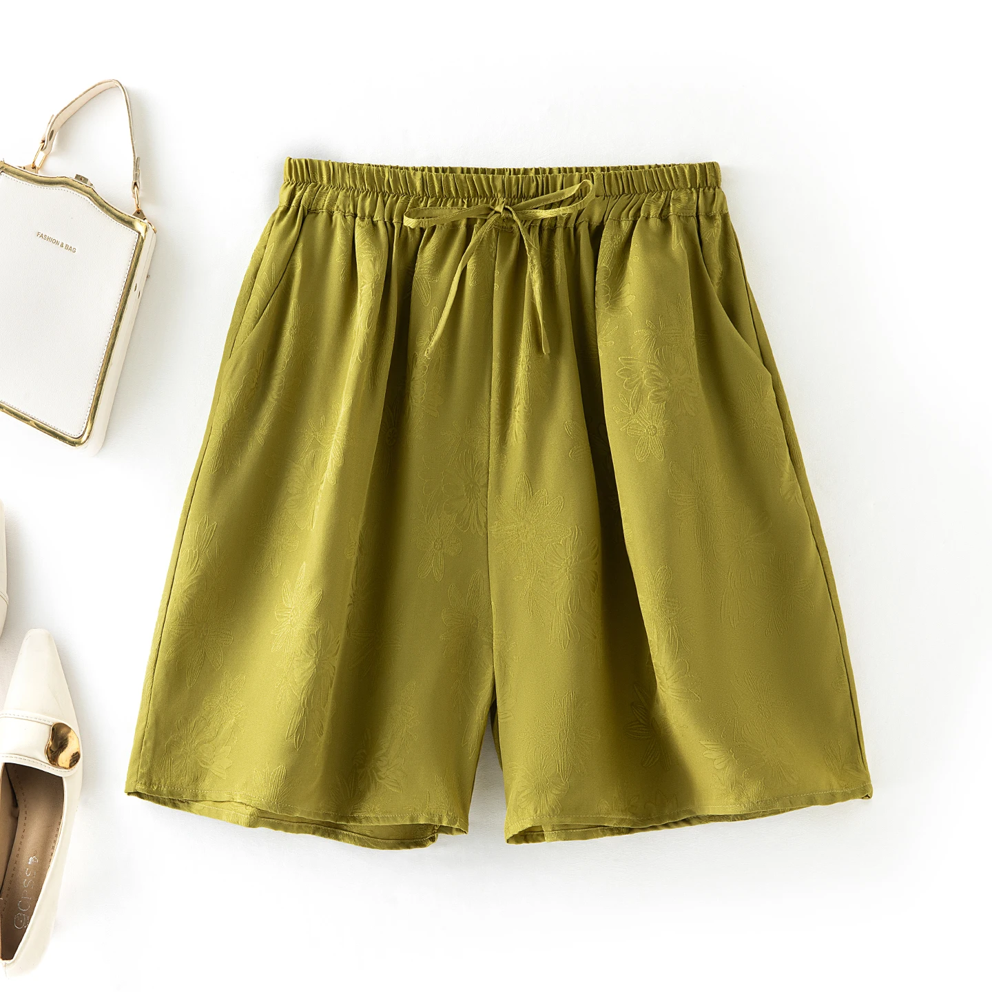 Ropa de moda para mujer, 100% seda de morera Natural, Margarita, Jacquard, satén, cintura elástica, pantalones de pierna ancha informales sueltos de Color sólido