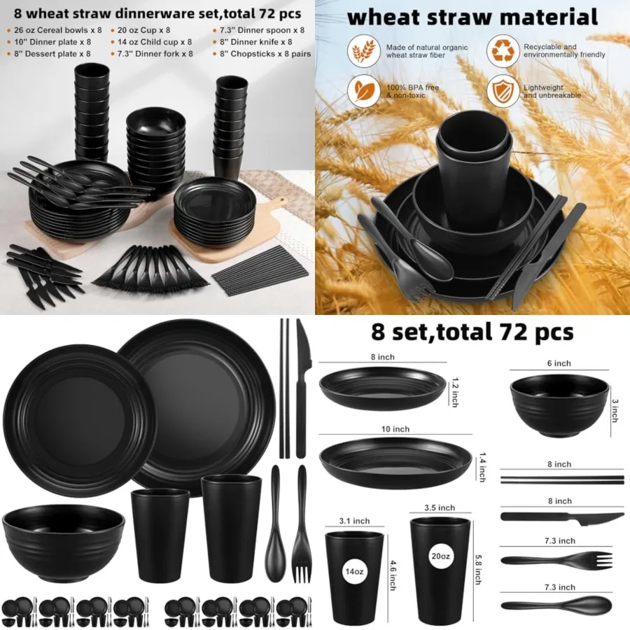 

72 Pcs Unbreakable Wheat Straw Dinnerware Set for 8 People Reusable Plates Bowls Cups for Kitchen Camping Outdoor Dorm Use Micr