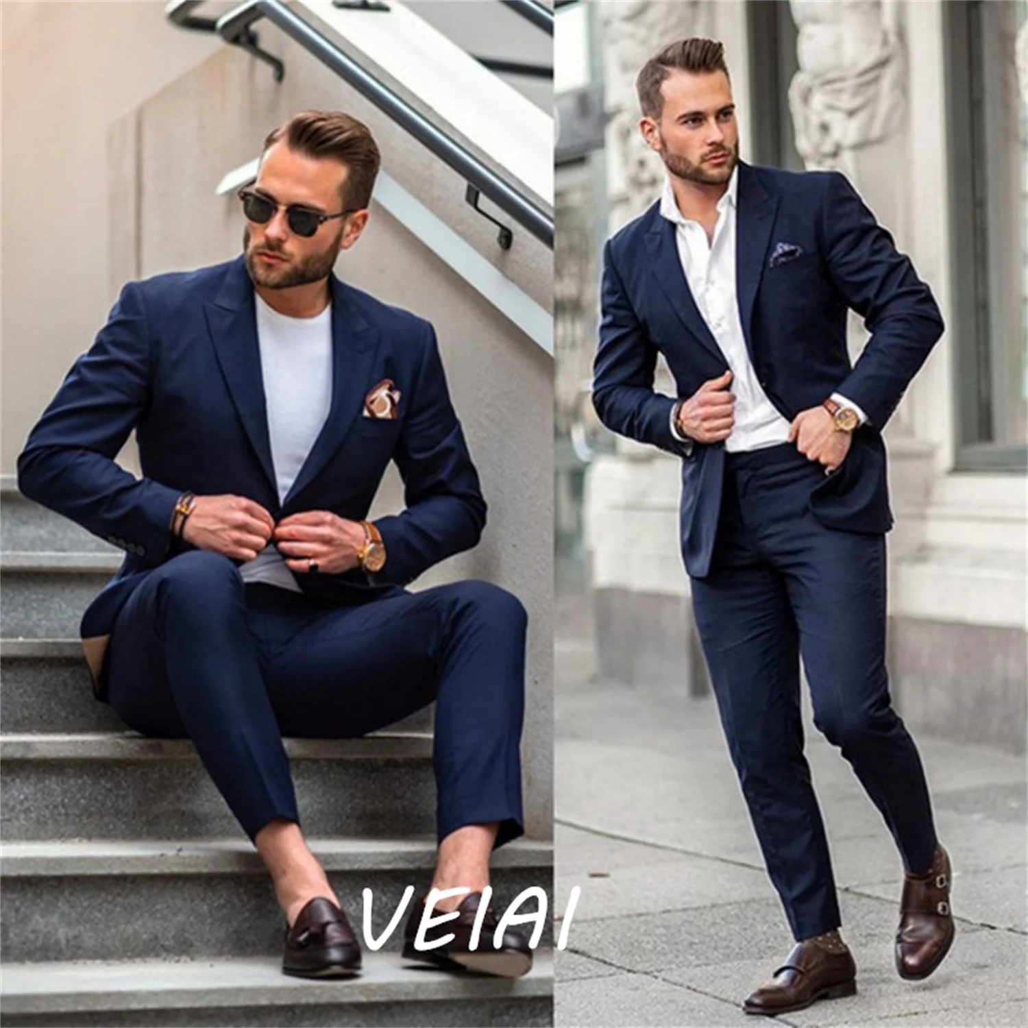 

CustomizedNavy Blue Wedding Male Suit Slim Fit Bridegroom Tuxedos For Men Casual Groomsmen Suits Formal Business 2 Pieces (Jacke
