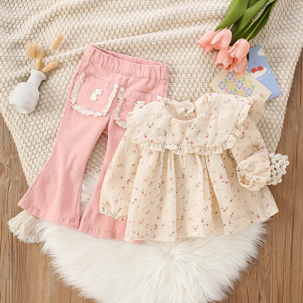 

Children's Clothing Sets Floral Print Doll Collar Tops + Bell Bottom 2pcs Kids Clothes Girls Baby Girl Outfit Set 2 To 6 Years