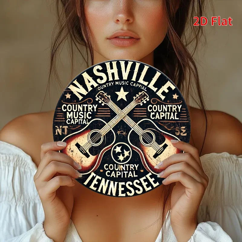 2D Flat Nashville, Tennessee, the Country Music Capital, Round Metal Iron Sign, Vintage Cross Guitar Wall Decoration, Vintage Country Music C