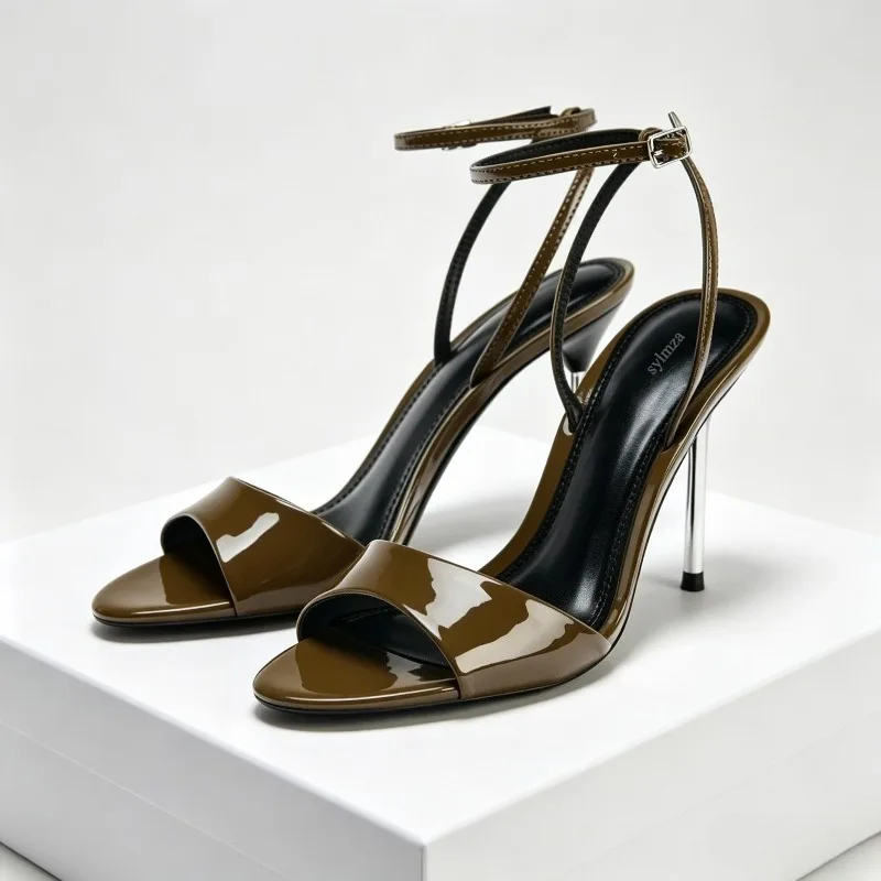 Sexy Brand High Heels Women Open Toe Ankle Strap Patent Leather Metal Thin Heels Sandals Female Elegant Party Dress Shoes Pumps image 2