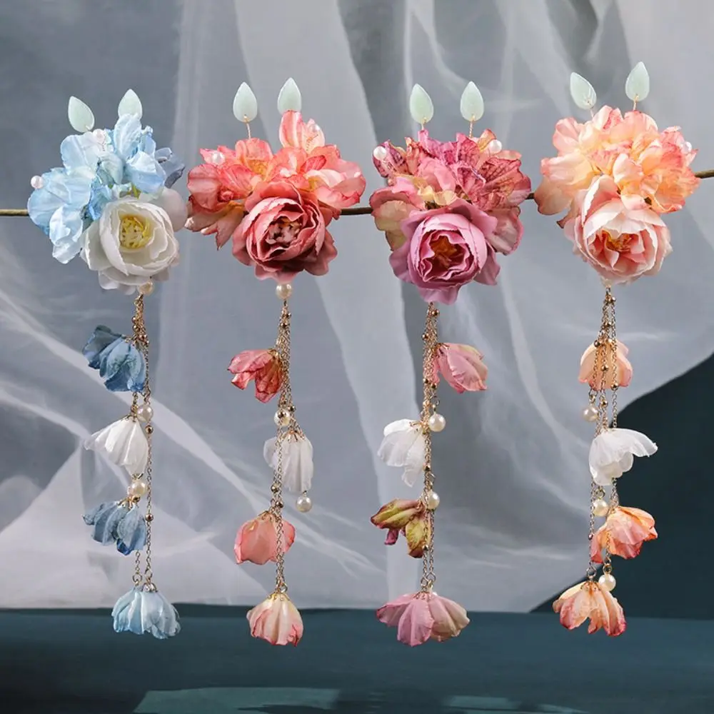 Charming Artificial Flower Floral Hairpin Forks U-shaped Tassel Hanfu Hair Accessories Multicolor Chinese Style Hairpins Hanfu