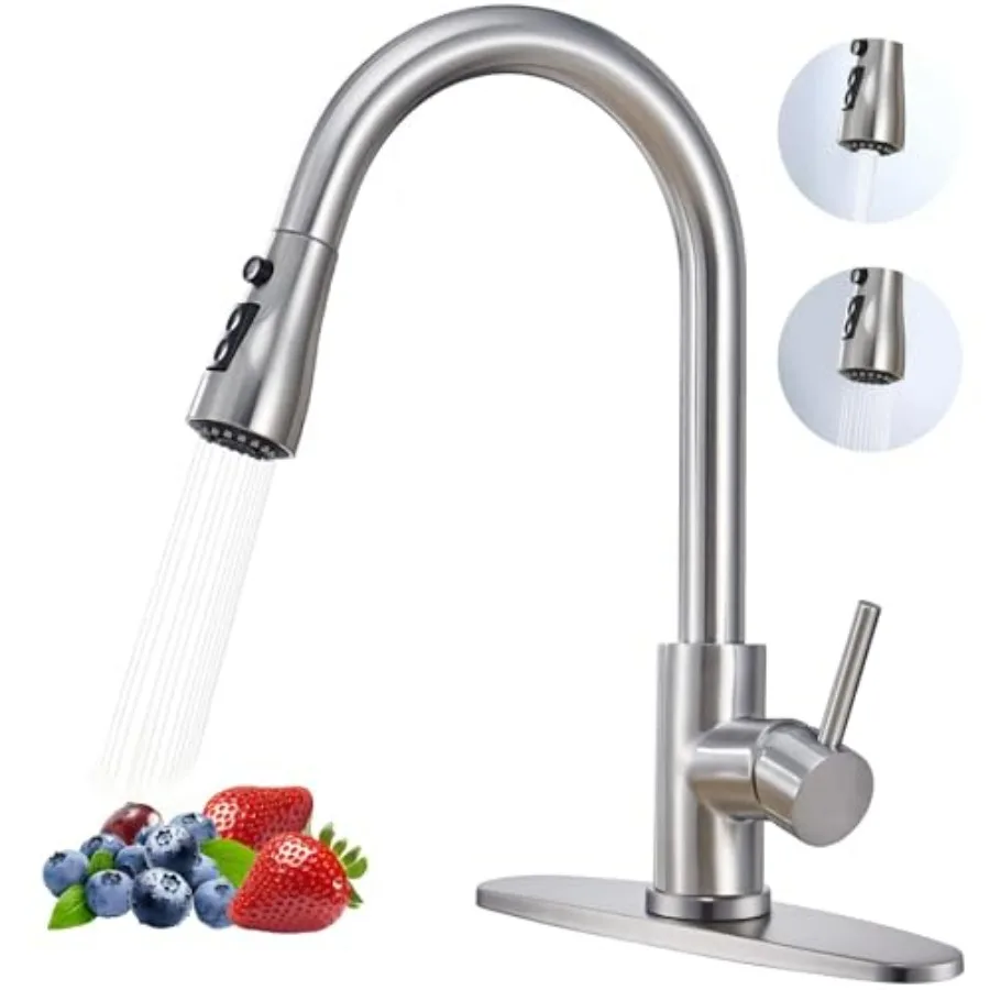 

Brushed Nickel Kitchen Faucet with Pull Down Sprayer 304 Stainless Steel High Arc Single Handle Classic Sink Faucet with Pull O