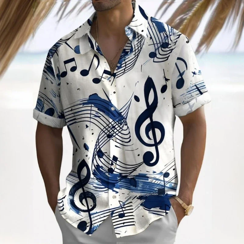 

3d Music Symbol Print Hawaiian Shirts For Men Short Sleeve Shirt Summer Beach Casual Man Clothing Loose Oversized Men Shirt Tops
