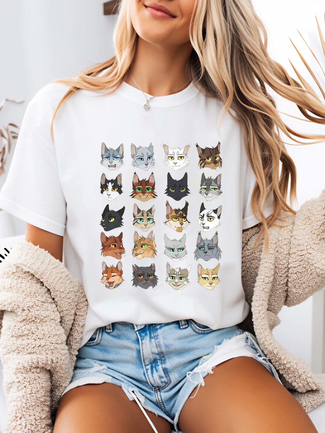 Cat Faces Print t Shirt Halloween Women Casual Wear White Plus-Size