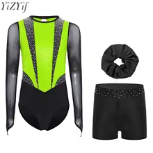 Kids Girls Ballet Gymnastics Sets Sports Tracksuit Figure Skating Dancewear Long Sleeves Rhinestones Leotard with Shorts Suit