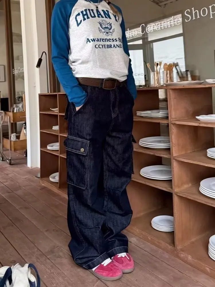 Blaue Schlaghose für Damen, hohe Taille, Knopfhose, 2000er-Jahre, amerikanische Y2k-Waschtasche, lockere Herbstjeans, Büro-Damenhose