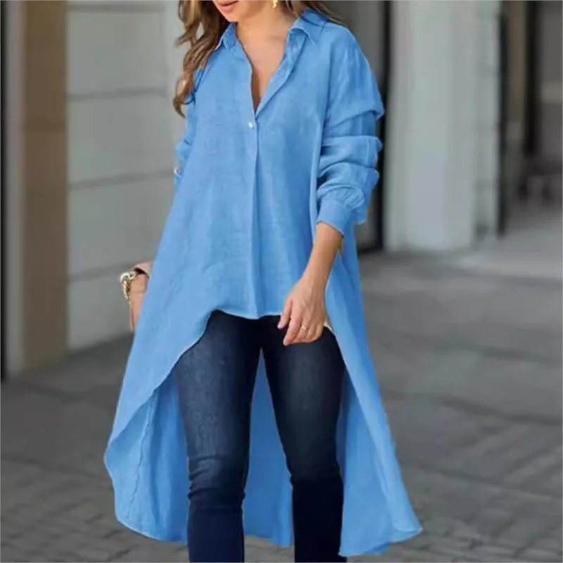 Autumn New Women's Irregular Shirt Fashion Solid Color Long Sleeve Single-row Buckle Loose Long Tops Ladies Spring Basic Blouses